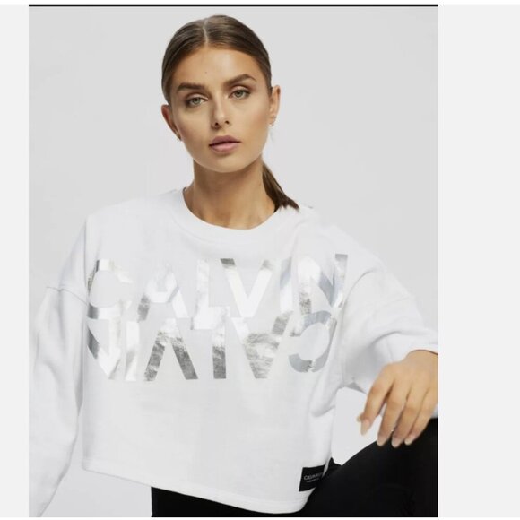Calvin Klein Performance Sweaters - CALVIN KLEIN  LONG SLEEVE SILVER WHITE CROP PULLOVER SWEATER SIZE S